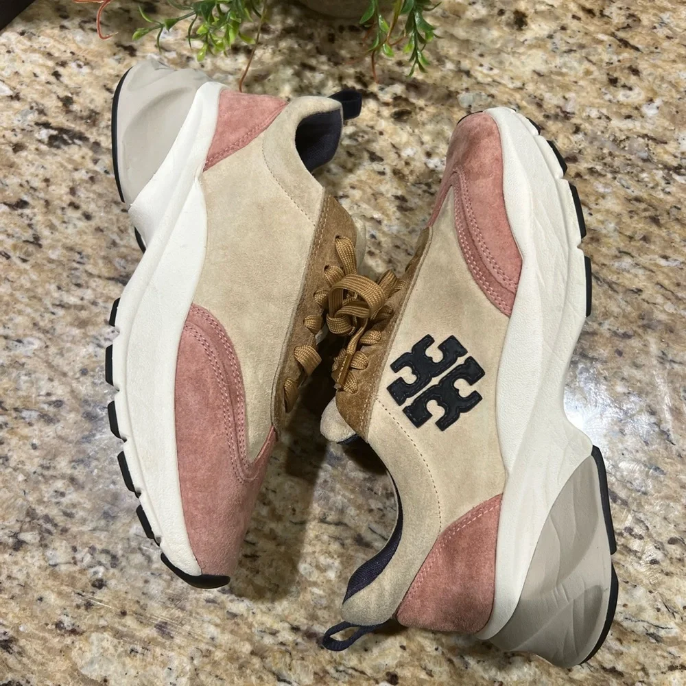 Tory Burch Good Luck Trainer Pink and Tan Sneakers 7.5